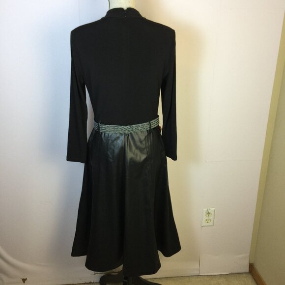 Calvin Klein Fit & Flare Dress Size 8 Black Faux Leather Mock Neck 3/4 Sleeve - Picture 3 of 14